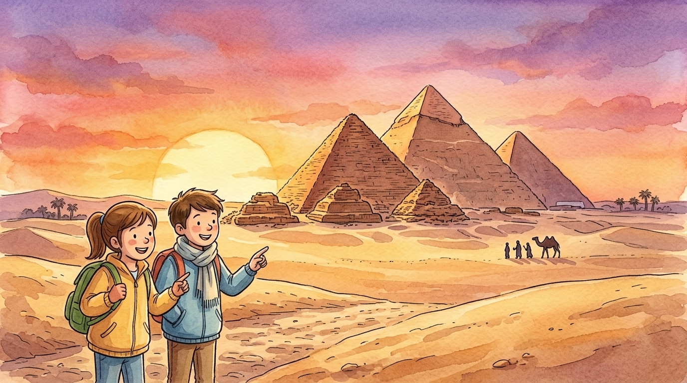 Deux enfants admirent les pyramides d'Égypte au coucher du soleil, avec une caravane de chameaux au loin